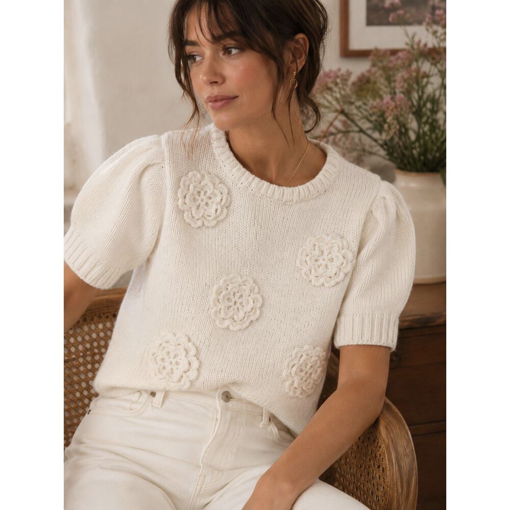Knit Puff Sleeve 3D Floral Crochet Pullover Sweater Romantic Quiet Luxury